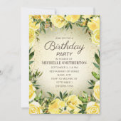 イエローウォーター色フローラグリッター大人誕生日 招待状 (正面)