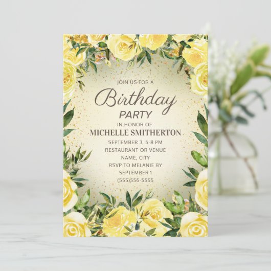 イエローウォーター色フローラグリッター大人誕生日 招待状 (スタンド正面)