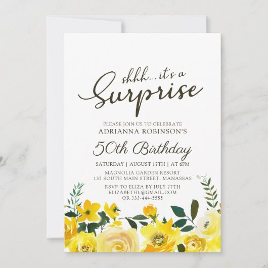 イエローウォーター色フローラサプライズ50誕生日 招待状 (正面)