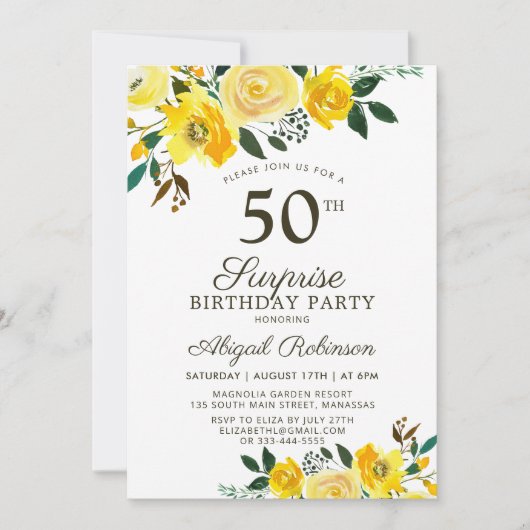 イエローウォーター色フローラサプライズ50誕生日 招待状 (正面)