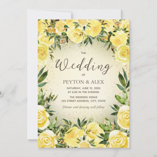 イエローウォーター色フローラ金ゴールド結婚グリッター 招待状 (正面)