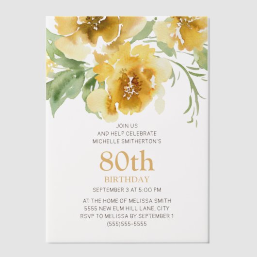 イエローウォーター色フローラ80誕生日 ベラム紙招待状 (正面)