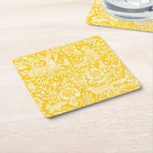 イエローウッドランド動物フローラ自然キツネウサギ スクエアペーパーコースター (アングル)