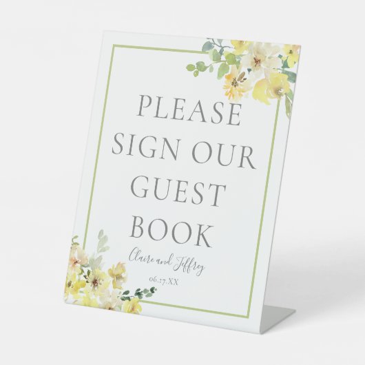 イエローエレガントフローラセージ結婚ズゲストブック 台座サイン (正面)