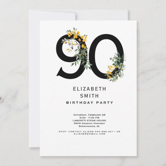 イエローエレガントフローラ90th誕生日パーティー 招待状 (正面)