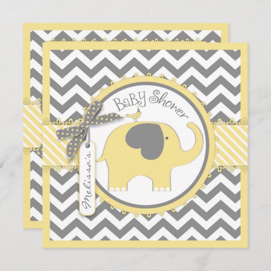 イエローエレファントとシェブロンプリントベビーシャワー 招待状 (正面/裏面)