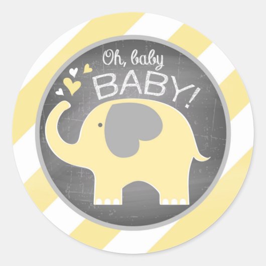 イエローエレファントダイアゴナルストライプベビーシャワー ラウンドシール (正面)