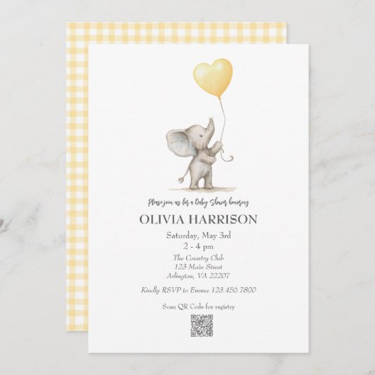 イエローエレファントバルーン赤ちゃんシャワー招待状 招待状 (正面/裏面)