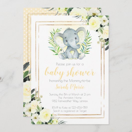 イエローエレファントベビーシャワー招待状 招待状 (正面/裏面)