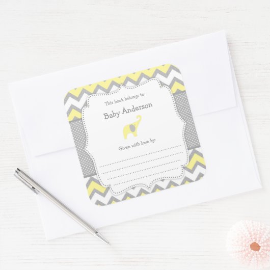 イエローエレファントベビーシャワー蔵書票ブックシール スクエアシール (封筒)