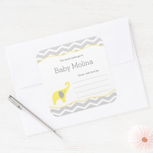 イエローエレファントベビーシャワー蔵書票、ニュートラル スクエアシール (封筒)