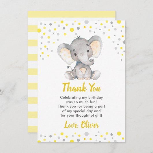イエローエレファント1st誕生日パーティーリトルピーナッツ サンキューカード (正面/裏面)