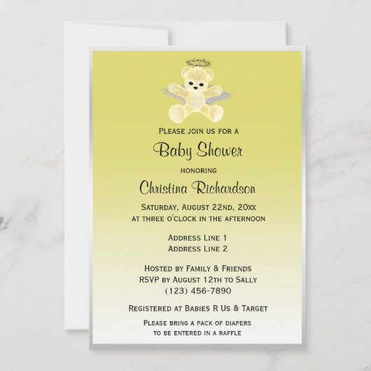 イエローエンジェルテディベアベイビーシャワー 招待状 (裏面)