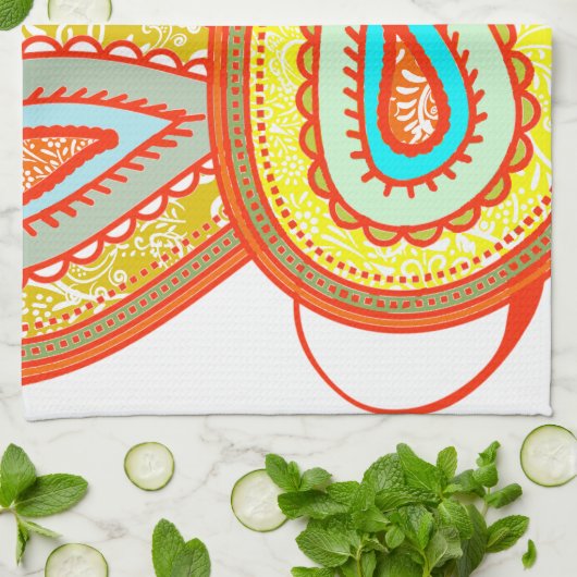 イエローオモダンレンジアクアミントペイズリーギフト キッチンタオル (折り畳み)
