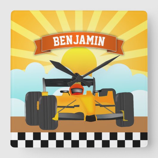 イエローオレンジのレースカーネーパーソナライズされたムキッズルーム スクエア壁時計 (正面)