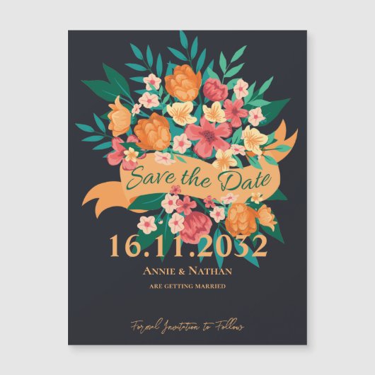 イエローオレンジの花模様シックな結婚式の日付を保存 (正面)