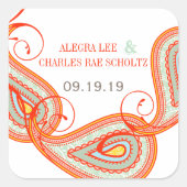 イエローオレンジアクアミント柿ペイズリー結婚ズ スクエアシール (正面)