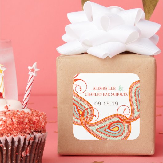 イエローオレンジアクアミント柿ペイズリー結婚ズ スクエアシール (パーティー)