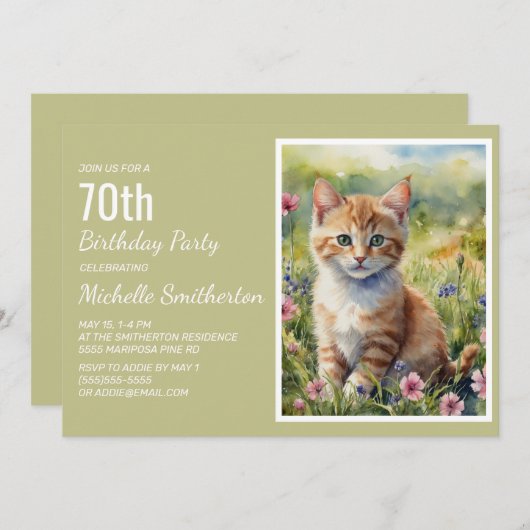 イエローオレンジキッテン猫好き70誕生日 招待状 (正面/裏面)