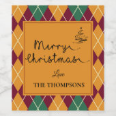 イエローオレンジグリーンアーガイルスクリプトメリークリスマス ワインラベル (シングルラベル)