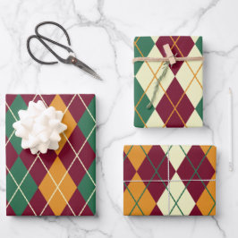 イエローオレンジグリーンアーガイルメリークリスマスギフト ラッピングペーパーシート