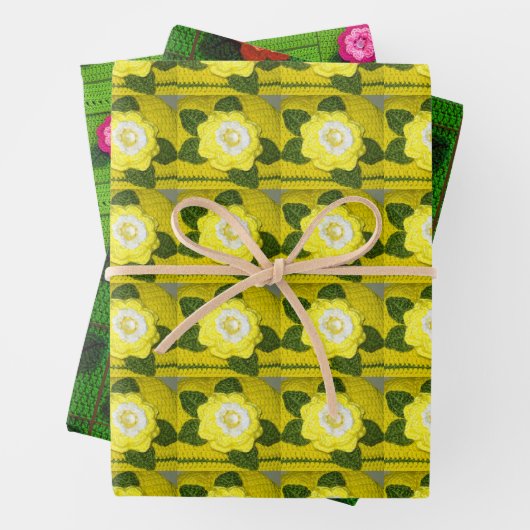 イエローオレンジグリーンフローラアーティザンクロシェプリント ラッピングペーパーシート (インサイチュ)