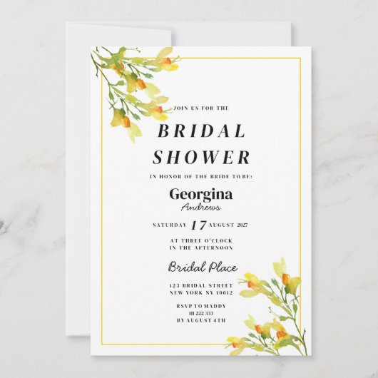 イエローオレンジグリーン春フローラブライダルシャワー 招待状 (正面)