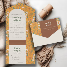イエローオレンジグルーヴィレトロアーチフローラ結婚ズ オールインワン招待状