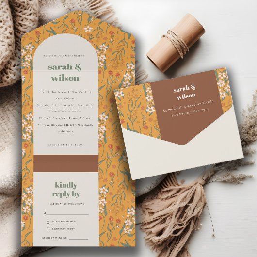 イエローオレンジグルーヴィレトロアーチフローラ結婚ズ オールインワン招待状