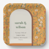 イエローオレンジグルーヴィレトロアーチフローラ結婚ズ ペーパープレート (正面)