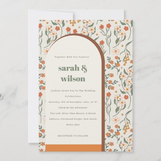 イエローオレンジグルーヴィレトロアーチフローラ結婚ズ 招待状 (正面)
