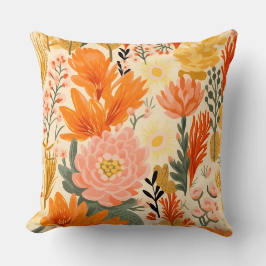 イエローオレンジコーラルグリーンフローラ クッション (正面)