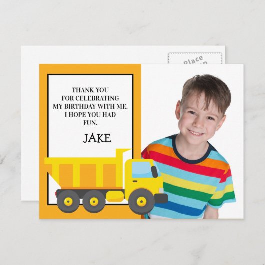 イエローオレンジダンプトラック誕生日写真ありがとう ポストカード (正面/裏面)