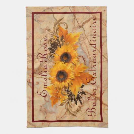 イエローオレンジヒマワリパーソナライズされたブーケ キッチンタオル (縦)