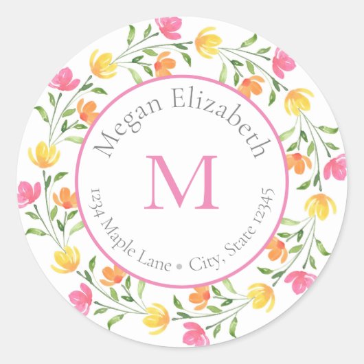 イエローオレンジピンクウォーター色フローラリースラベル ラウンドシール (正面)
