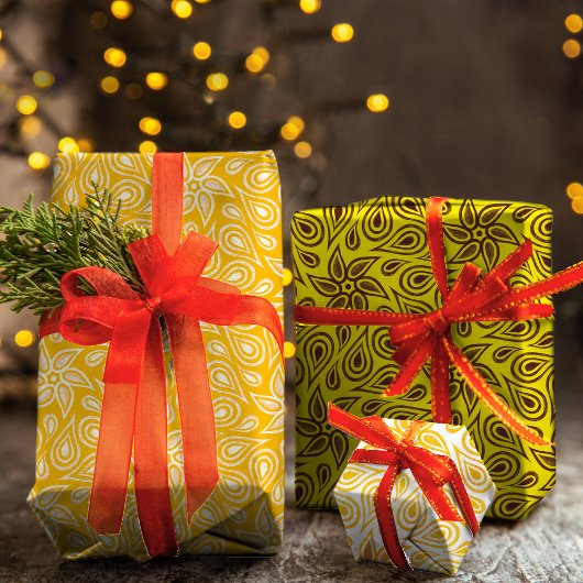 イエローオレンジフローラペイズリーモダンデザイン ラッピングペーパーシート