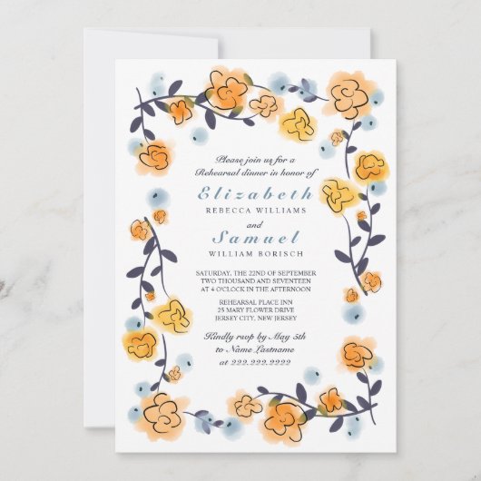 イエローオレンジフローラリハーサルディナー招待状 招待状 (正面)