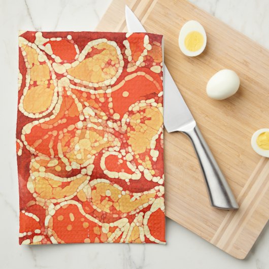 イエローオレンジボヘミアンバリろうけつ染めスタイルペイズリー キッチンタオル (四つ折り)