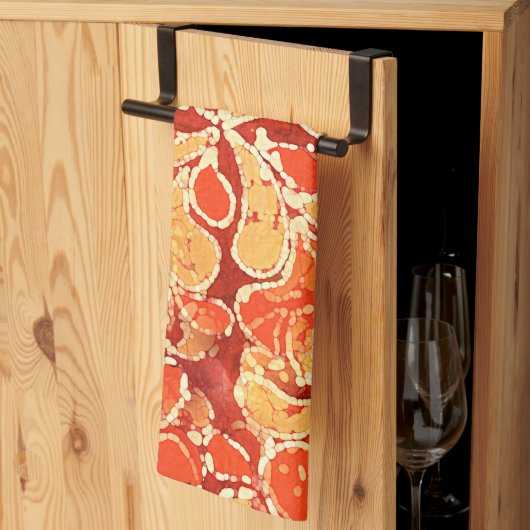 イエローオレンジボヘミアンバリろうけつ染めスタイルペイズリー キッチンタオル (三つ折り)