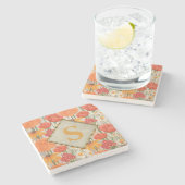 イエローオレンジレッドフローラホワイトデイジーモノグラム ストーンコースター (横)