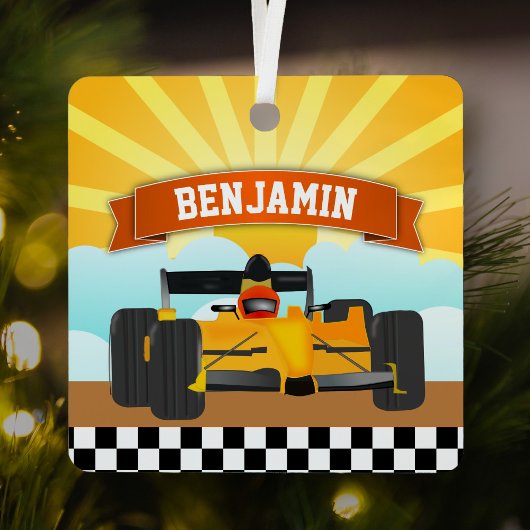 イエローオレンジレースカー名パーソナライズされたキッズルーム メタルオーナメント