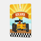 イエローオレンジレースカー名パーソナライズされたキッズルーム メタルオーナメント (正面左)
