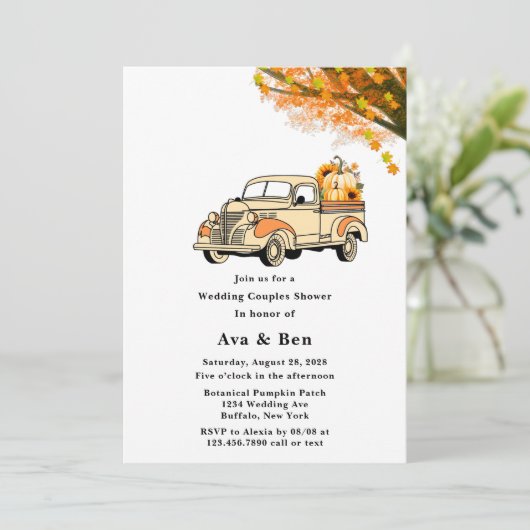 イエローオレンジヴィンテージトラック結婚のカップルのシャワー 招待状 (スタンド正面)