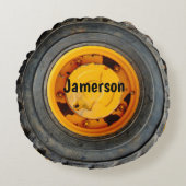 イエローオレンジ古いアンティークブラックホイールタイヤ ラウンドクッション (正面)