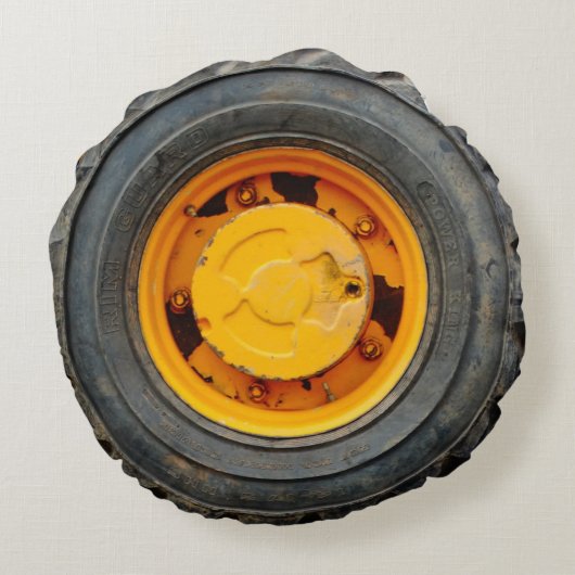 イエローオレンジ古いアンティークブラックホイールタイヤ ラウンドクッション (裏面)