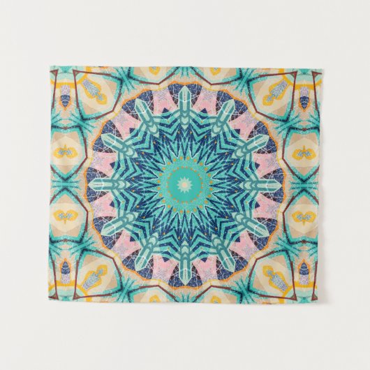 イエローオレンジ、ミントとピンクのマンダラ。 タペストリー (正面(横))