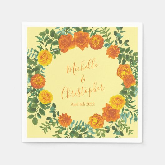 イエローオレン結婚ジのフローラバラ スタンダードカクテルナプキン (正面)