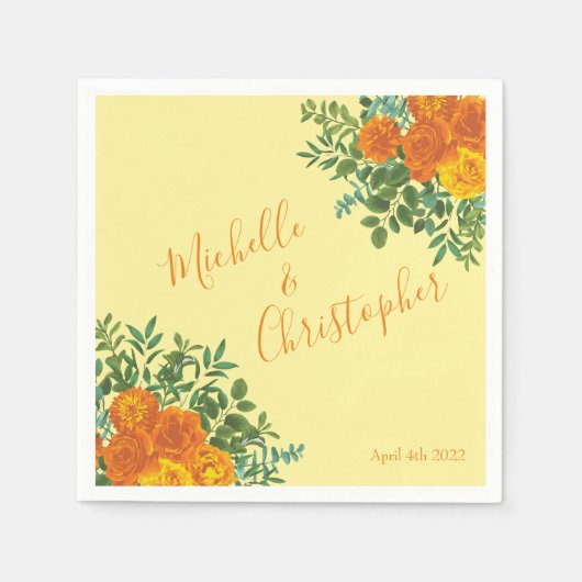 イエローオレン結婚ジのフローラバラ スタンダードカクテルナプキン (正面)