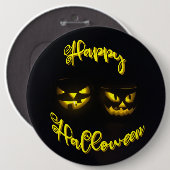 イエローオンブラックハッピーハローウィン文字カボチャ顔 缶バッジ (正面&裏面)
