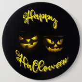 イエローオンブラックハッピーハローウィン文字カボチャ顔 缶バッジ (正面)